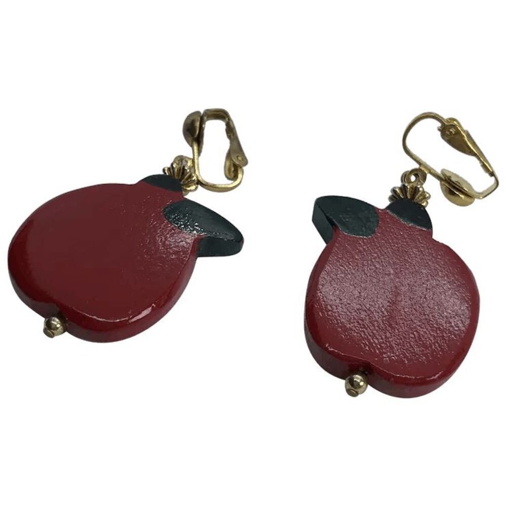 Vintage Painted Wood Apple / Teacher Clip On Earrings